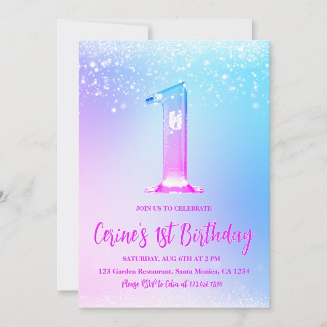 Invitación Ice number white glitter Girl First Birthday (Anverso)