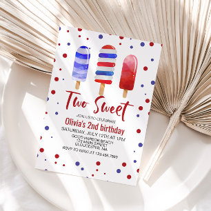 Invitación Ice Pops Two Sweet Red White Blue 2º cumpleaños