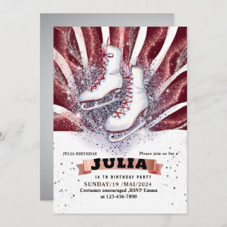 Invitación ice skates skating silver shiny brown red
