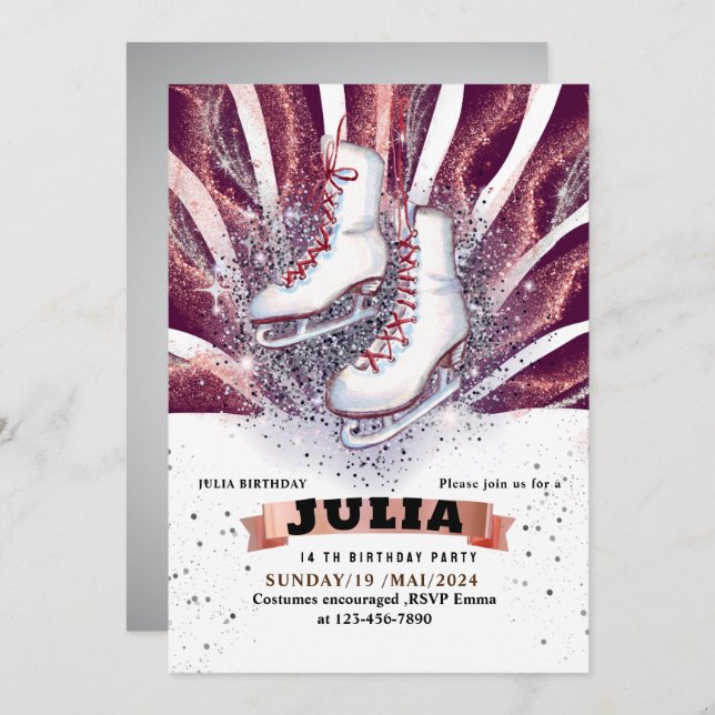 Invitación ice skates skating silver shiny purple violet (Anverso / Reverso)