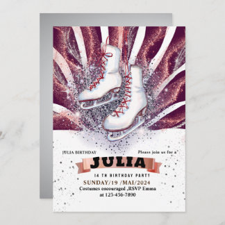 Invitación ice skates skating silver shiny purple violet