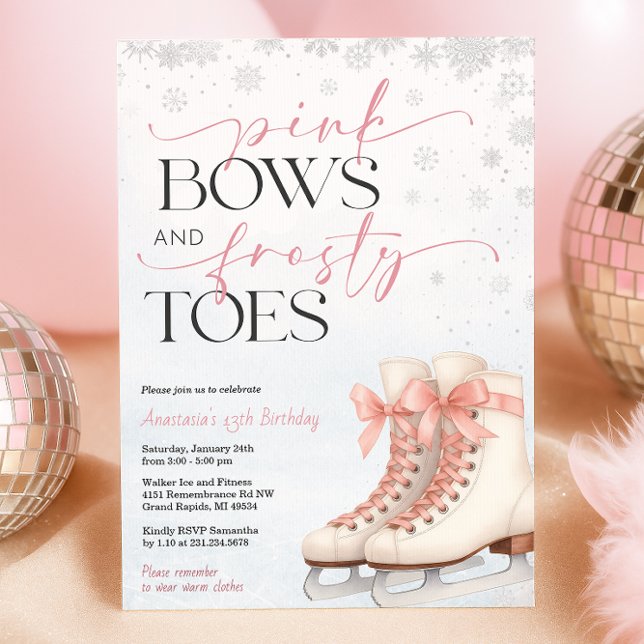 Invitación Ice Skating Teen Birthday Invitation - Pink Bow (Ice Skating Teen Birthday Invitation - Pink Bows and Frosty Toes
)