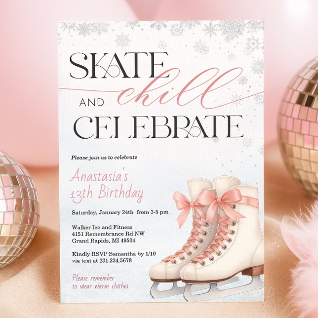 Invitación Ice Skating Teen Birthday Invitation - Pink Bow (Ice Skating Teen Birthday Invitation - Pink Bow )