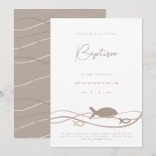 Invitación Ichthys Waves Beige Taupe - Bautismo Moderno