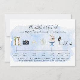 Invitación Iconos de cronología de bodas tropicales ilustrada