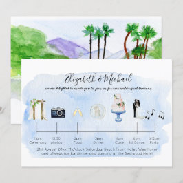 Invitación Iconos de cronología de bodas tropicales ilustrada