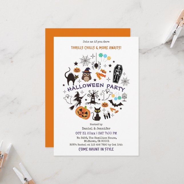 Invitación Iconos de Esqueleto de Fiesta de Halloween Espeluz (Anverso/Reverso In Situ)