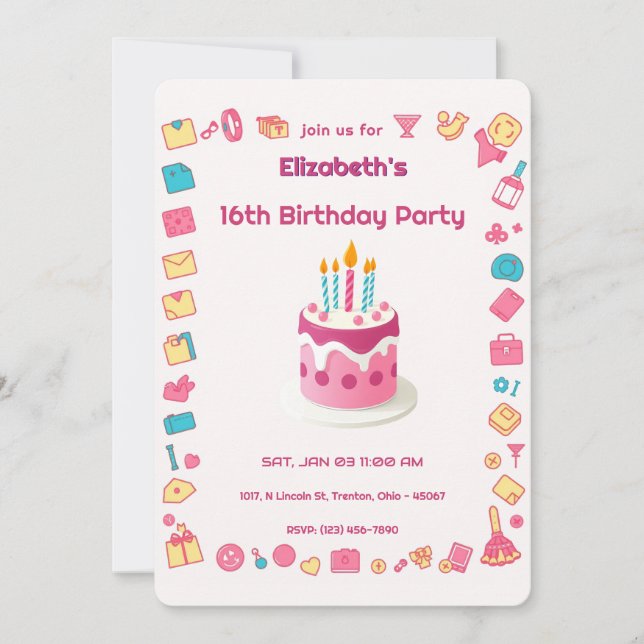 Invitación Iconos de moda retro con pastel de cumpleaños colo (Anverso)