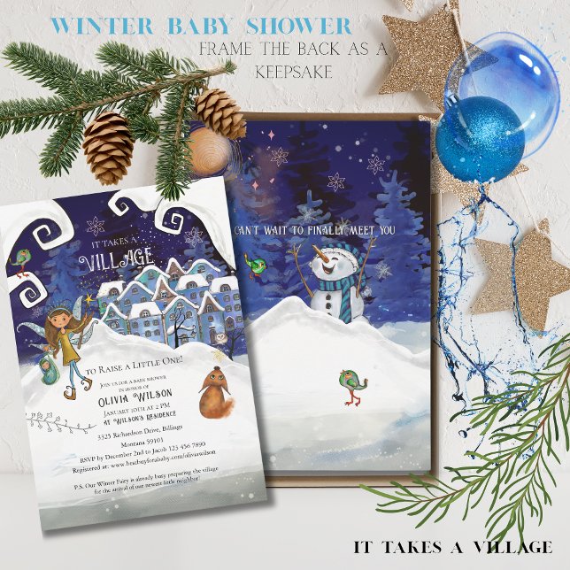 Invitación Icy Blue "It Takes a Village" Winter Baby Shower  (Icy Blue "It Takes a Village" Winter Baby Shower Invitation)
