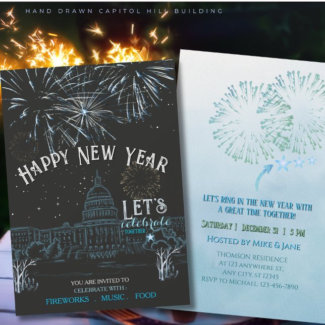 Invitación Icy Blue New Year's Party with Fireworks Capital (Icy Blue New Year's Party with Fireworks Capital Invitation)