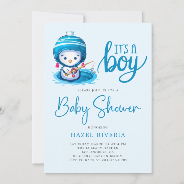Invitación Icy Blue Penguin es un niño Baby Shower (Anverso)