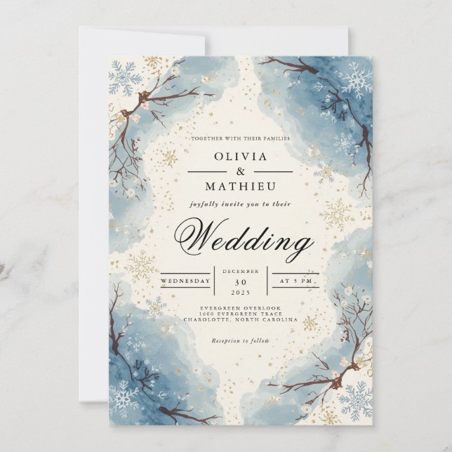 Invitación Icy Blue Snowflakes Winter Wedding (Anverso)