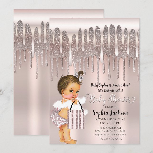 Invitación Icy Pink Rose Diamond Purpurina Drip Baby Shower I (Anverso / Reverso)
