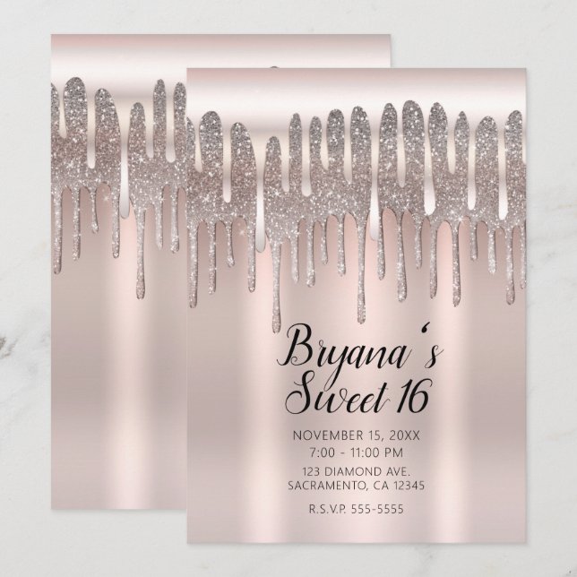 Invitación Icy Rosa Rosa Dorado Purpurina de diamantes Drip D (Anverso / Reverso)