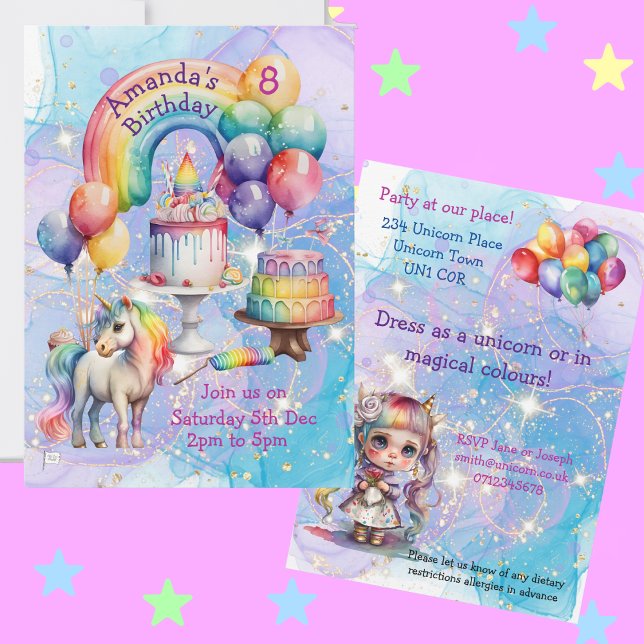Invitación Ideas de cumpleaños de niños Fiestas de Unicornio  (Unicorn party)
