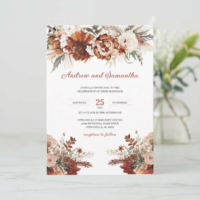 Invitación Ideas para Bodas de Naranja Quemado y Verde (Anverso de pie)