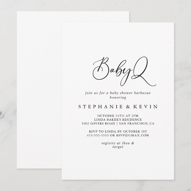 Invitación Idyllic Calligraphy BabyQ Baby Shower Barbecue (Anverso / Reverso)
