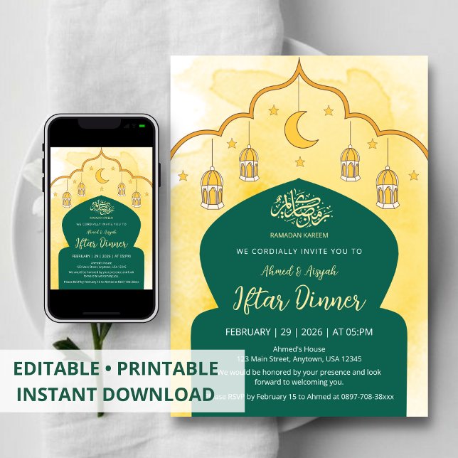 Invitación Iftar Arco Verde y Acuarela Amarilla (Subido por el creador)