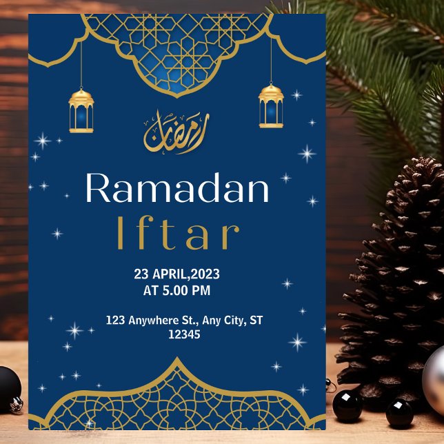 Invitación Iftar de Ramadán ilustrativo dorado y azul (Subido por el creador)