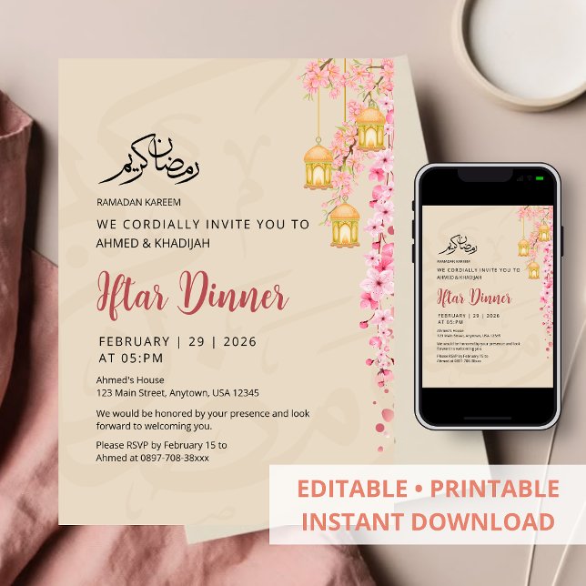 Invitación Iftar Flor de Cerezo Sakura y Linternas Doradas (Subido por el creador)
