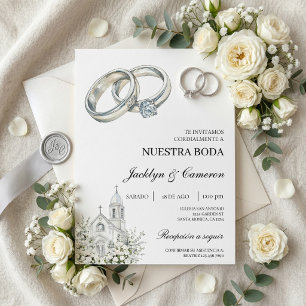 Invitación Iglesia blanca con anillo Boda española