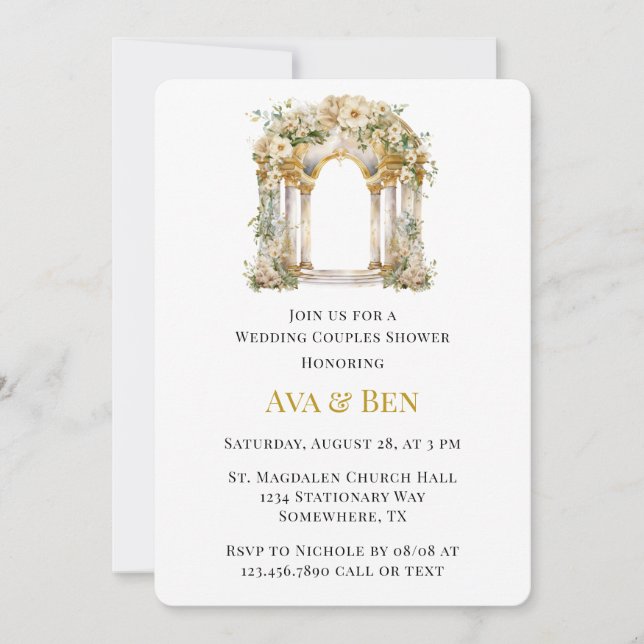 Invitación Iglesia blanca y dorada Boda Ducha de parejas (Anverso)