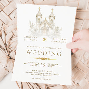 Invitación Iglesia Católica de Oro Blanco Boda Todo en Uno