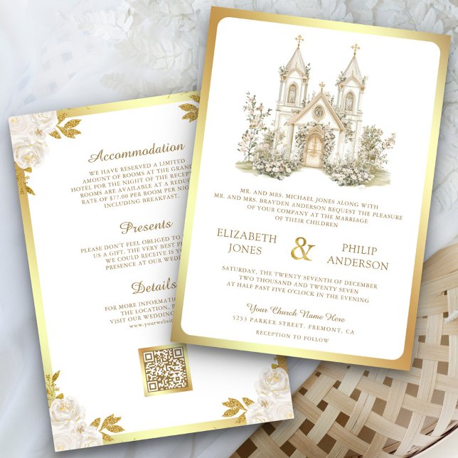 Invitación Iglesia Católica de Oro Blanco Boda Todo en Uno (Subido por el creador)