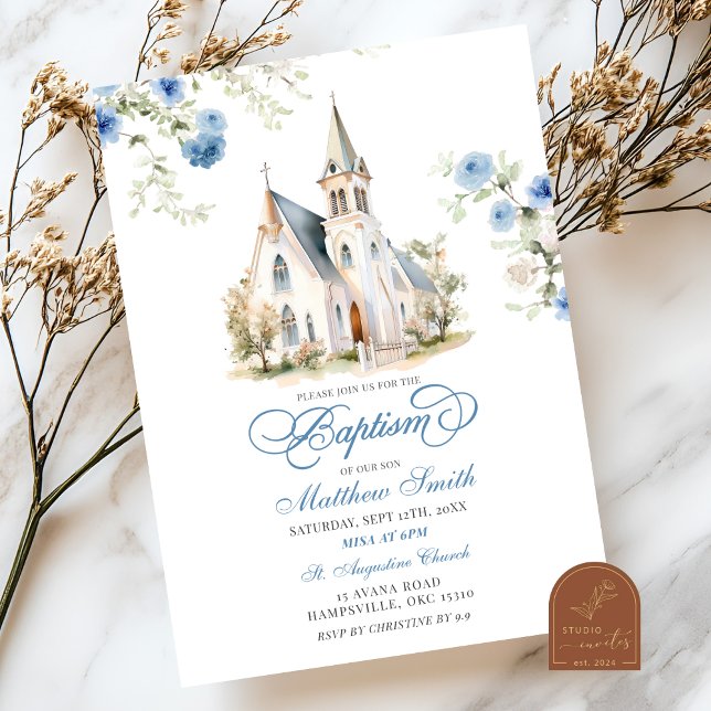 Invitación Iglesia Clásica Floral Azul Duste Bautismo (Subido por el creador)