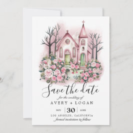 Invitación iglesia floral acuarela rosa guardar la fecha