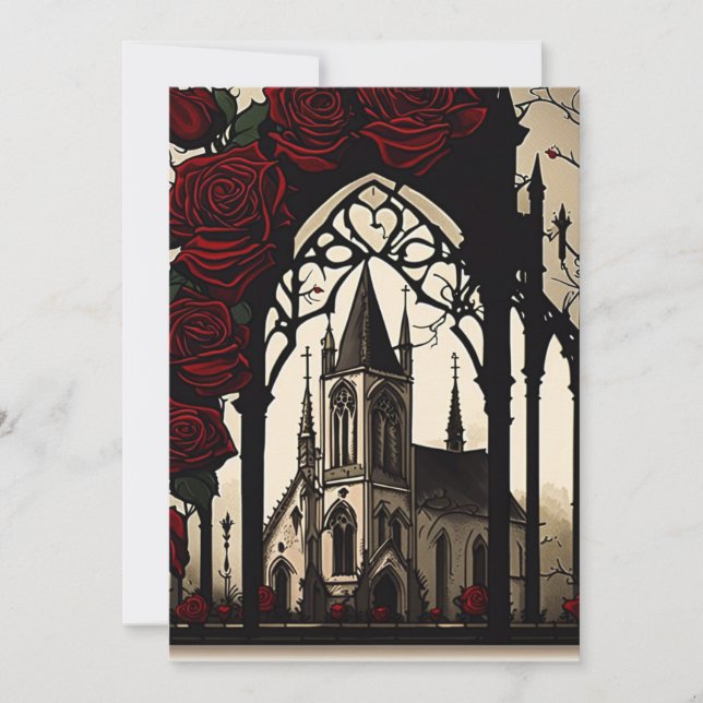 Invitación Iglesia Negra con Roses Rojos Boda Gótico (Anverso)