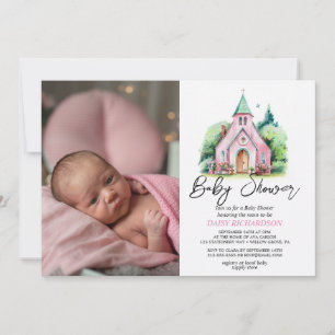 Invitación Iglesia rosa acuarela floral ducha de bebé