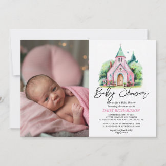 Invitación Iglesia rosa acuarela floral ducha de bebé