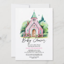 Invitación Iglesia rosa acuarela floral ducha de bebé