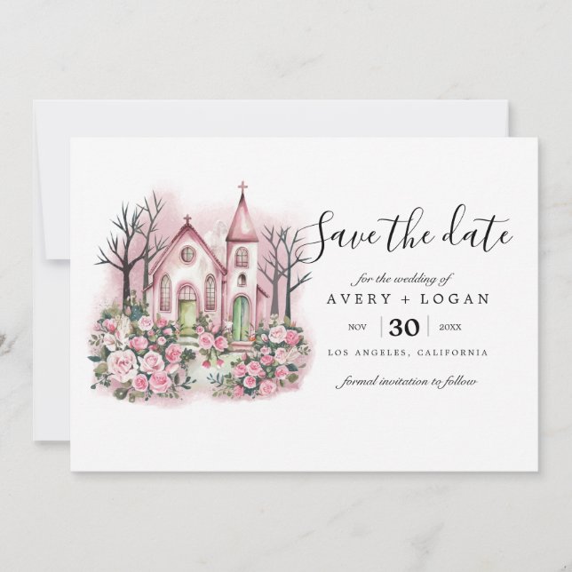 Invitación iglesia rosa floral acuarela guardar la fecha (Anverso)