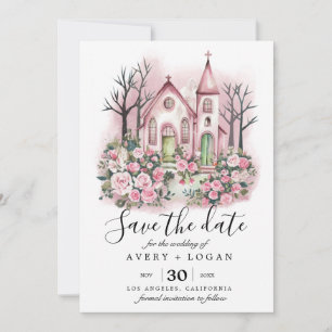 Invitación iglesia rosa floral acuarela salvar la fecha