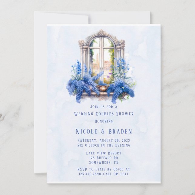 Invitación Iglesia Vista Floral Azul Boda Ducha Parejas (Anverso)