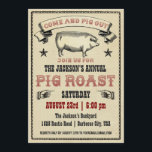 Invitación II a la asada de cerdo vintage<br><div class="desc">¡Com y Pig Out! Asado de cerdo de barbacoa con pancarta, estrellas, dedos apuntando a las manos, borde y fondo de papel antiguo. Esta invitación rústica a la moda es perfecta para cualquier evento de barbacoa al aire libre. Hay mucho espacio en la parte trasera para más información. Versión más...</div>