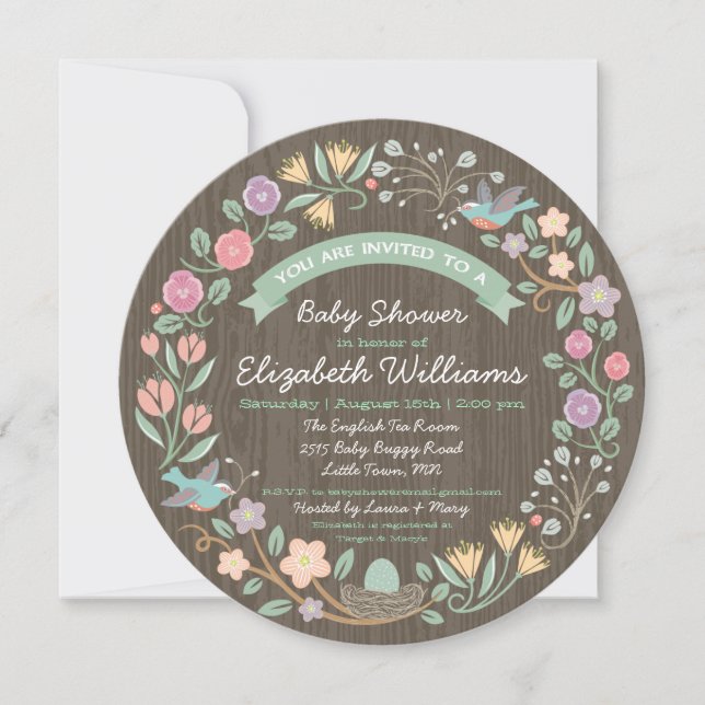 Invitación II a Wreath Baby Shower de Woodland Flo (Anverso)