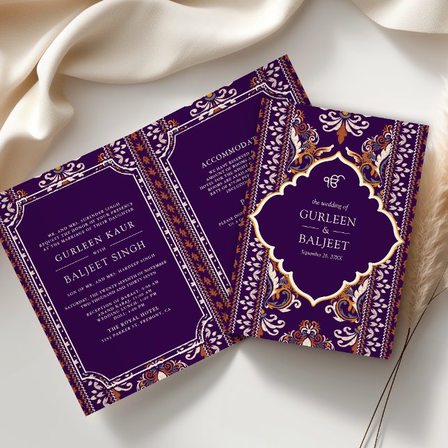 Invitación Ikat amarillo morado oscuro en un Boda sij (Subido por el creador)
