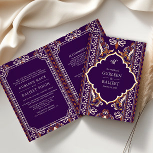 Invitación Ikat Amarillo Púrpura Oscuro Todo en Uno Boda Sikh