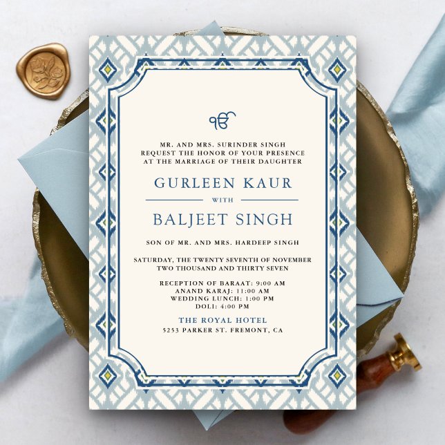 Invitación Ikat Anand Karaj Boda Sikh de Marfil de Cream Azul (Subido por el creador)