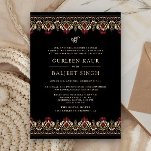 Invitación Ikat Anand Karaj Sikh, Boda de Black Red Cream