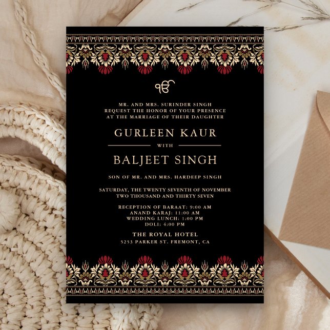Invitación Ikat Anand Karaj Sikh, Boda de Black Red Cream (Subido por el creador)