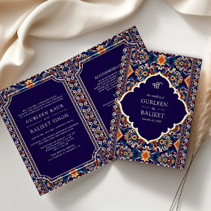 Invitación Ikat azul oscuro amarillo en un Boda sij