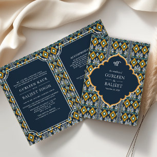Invitación Ikat azul oscuro amarillo en un Boda sij