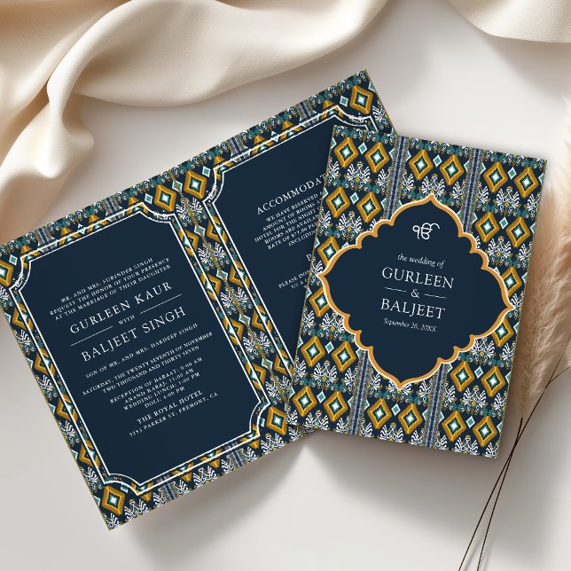 Invitación Ikat azul oscuro amarillo en un Boda sij (Subido por el creador)