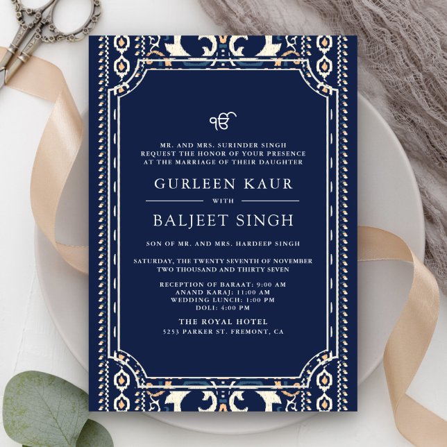 Invitación Ikat azul oscuro Anand Karaj Sikh Boda (Subido por el creador)