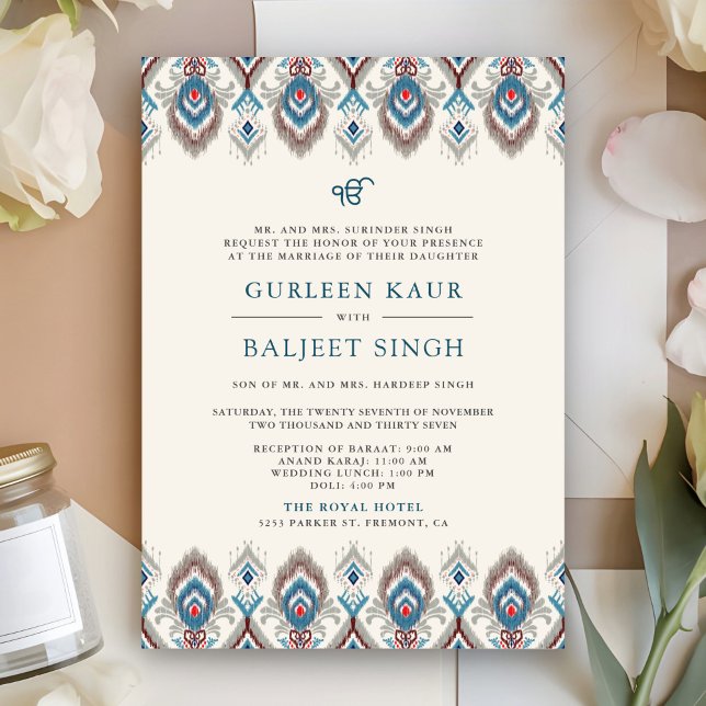 Invitación Ikat Gris Azul Anand Karaj Boda Sikh (Front)