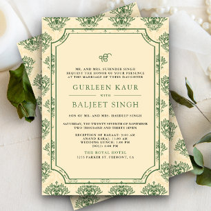 Invitación Ikat Verde Crema Anand Karaj Boda Sikh